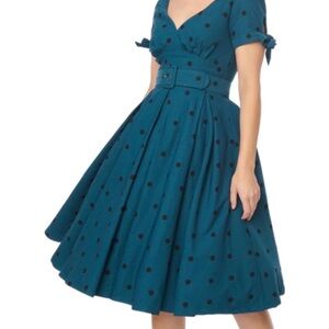 NWT Unique Vintage Doreen Teal/Black Polka Dot Belted Midi